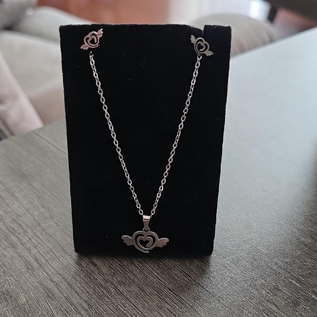 SilverTone Heart Necklace And Earring Set